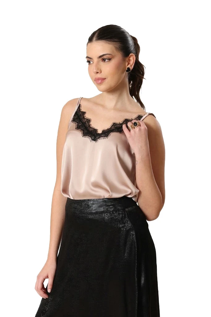 Satin Tank Top With Thin Adjustable Straps And Black Dentelle