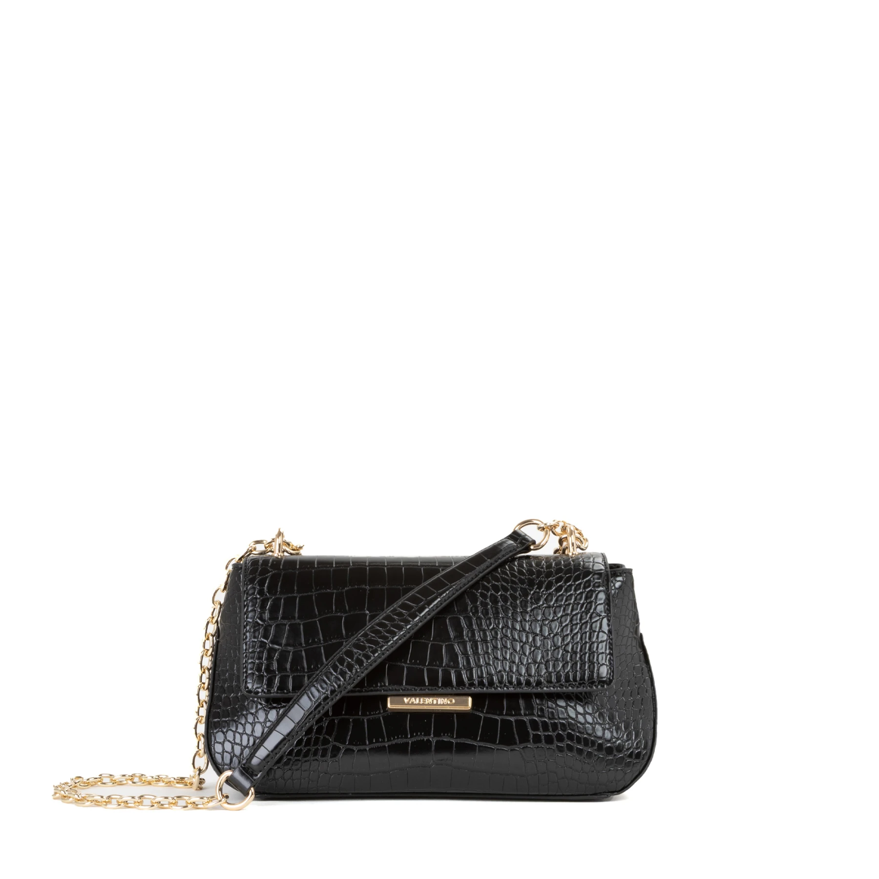 Croc-Embossed Flap Shoulder Bag with Gold-Tone Chain Strap