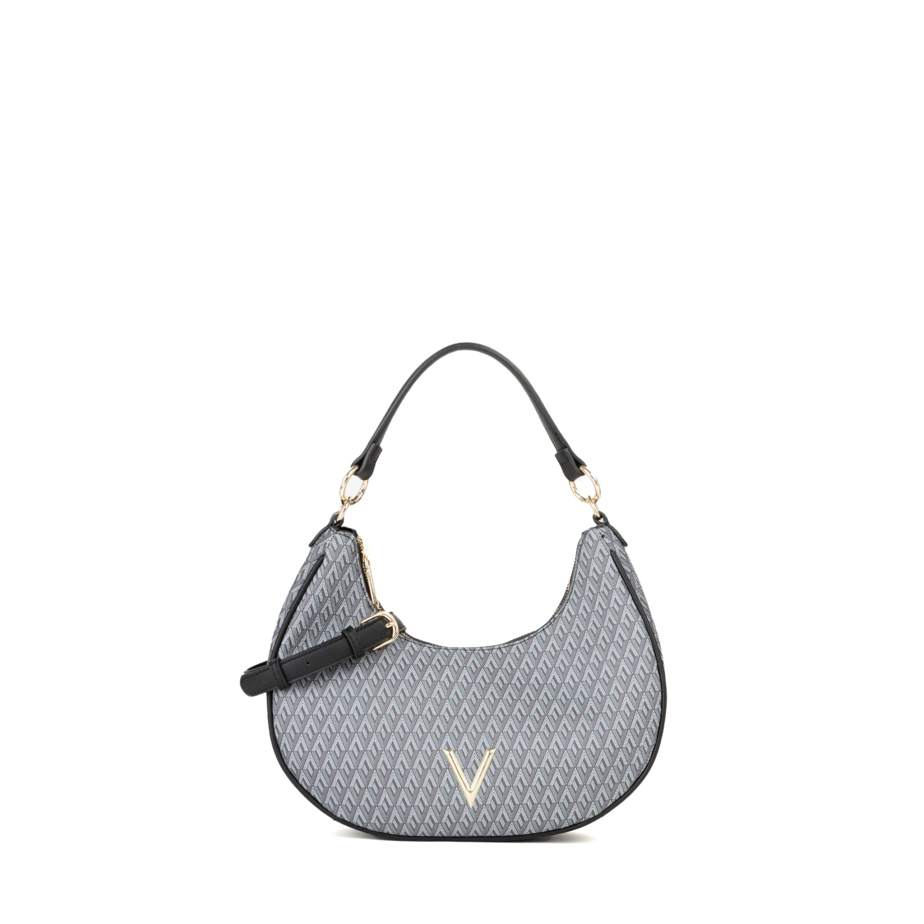 Monogram Geometric Print Crescent Hobo Shoulder Bag with Gold V Logo