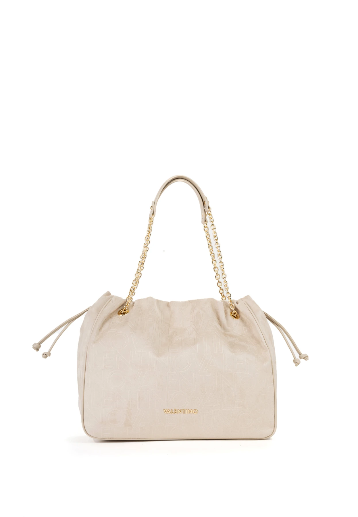 Embossed Logo Drawstring Shoulder Bag with Gold Chain Straps