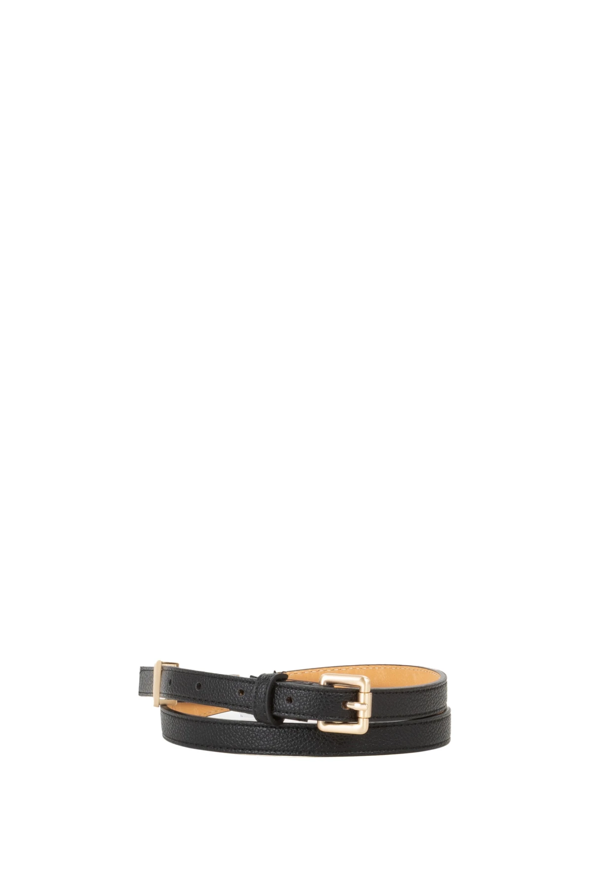 Grained Leather Skinny Belt with Gold V-Logo Detail