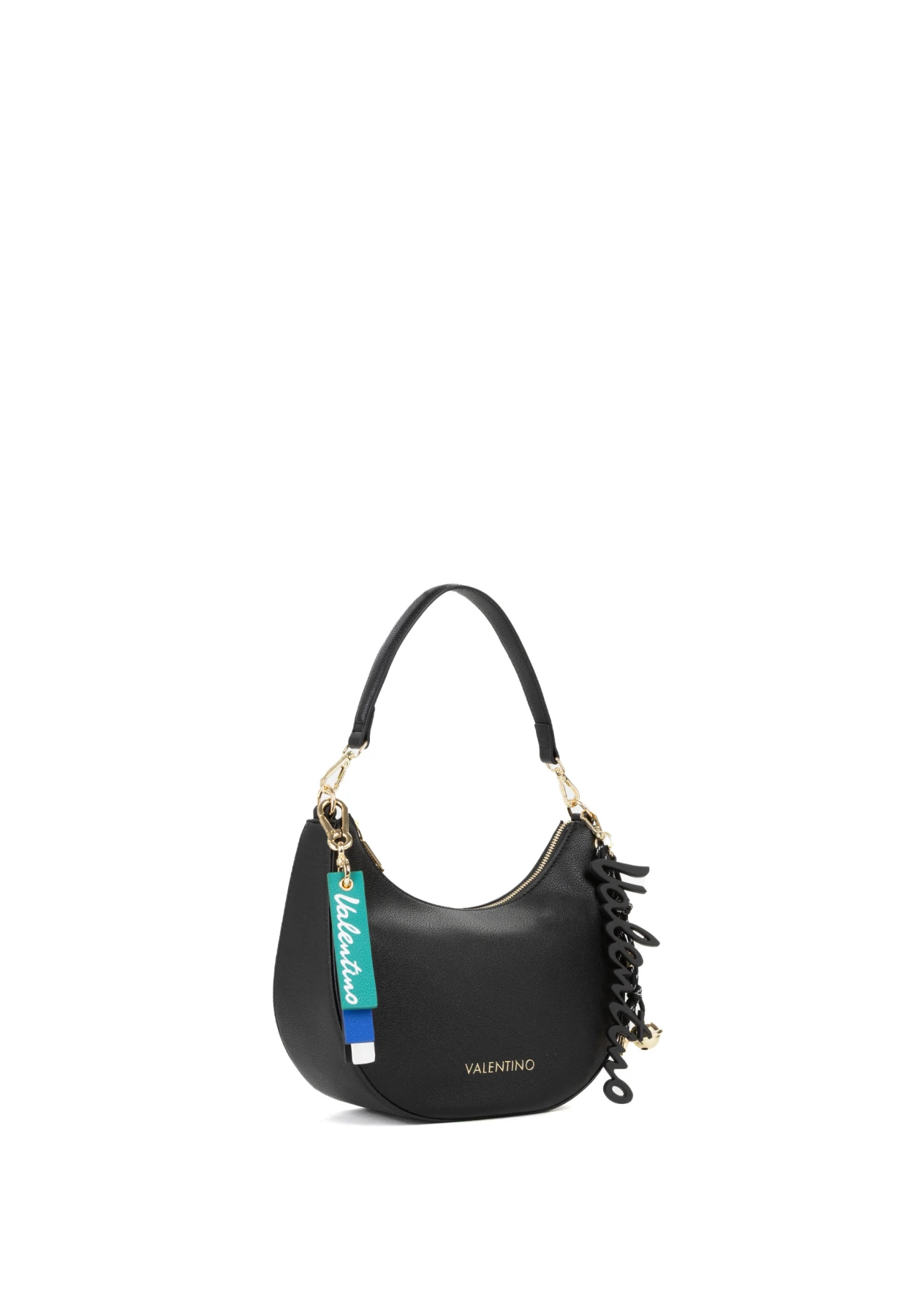 Leather Crescent Shoulder Bag with Charm Details and Gold Hardware