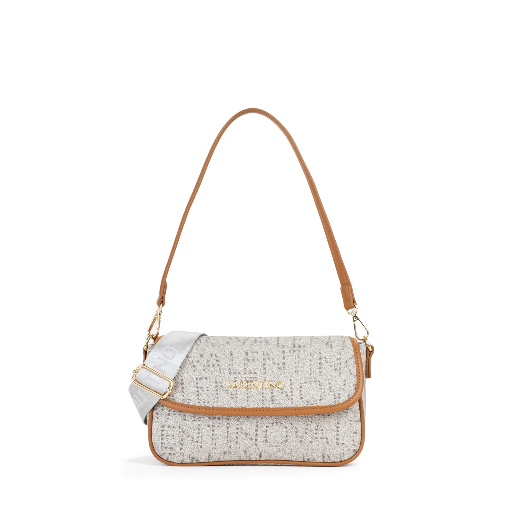 Monogram Print Flap Shoulder Bag with Tan Trim and Logo Canvas Strap