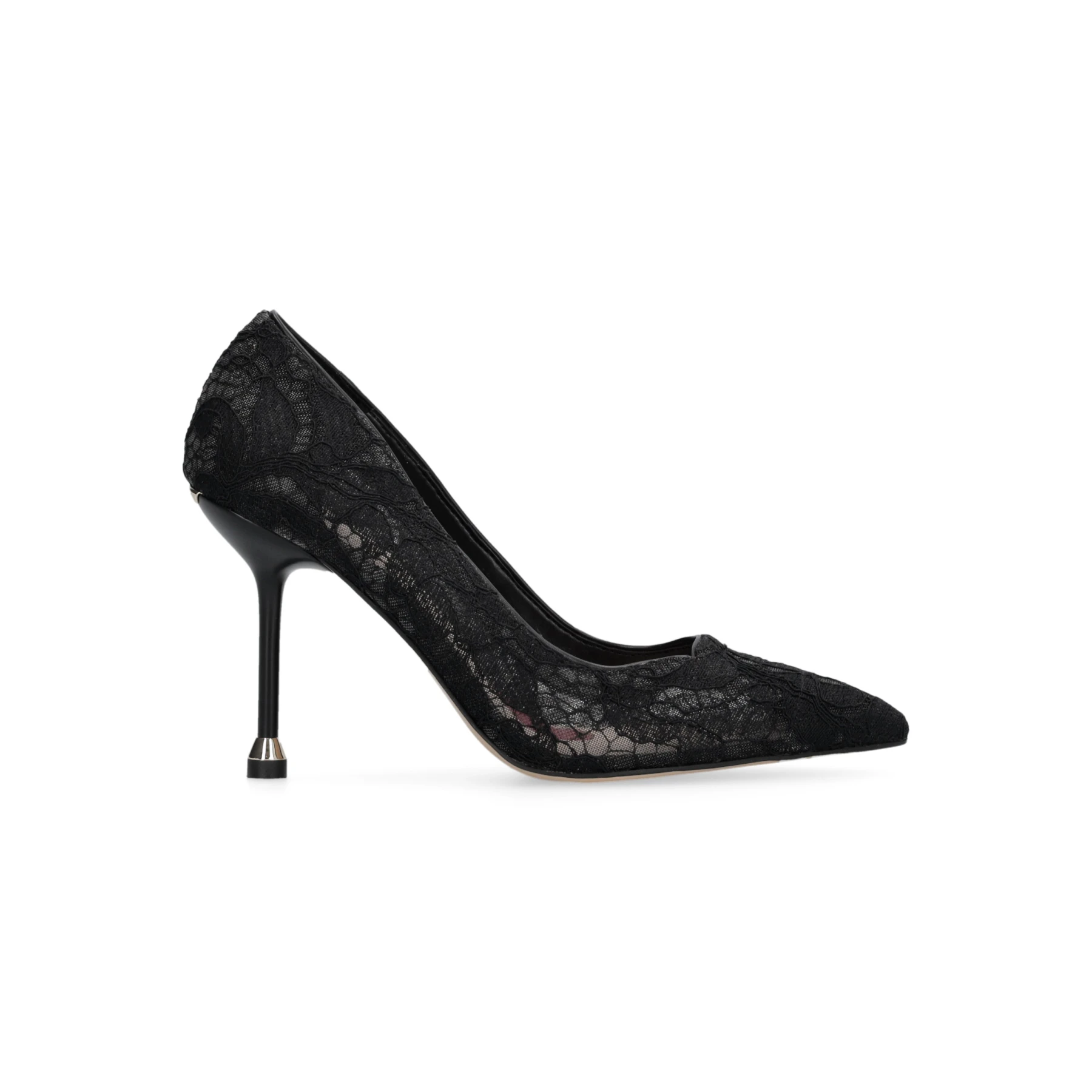 Intricate Floral Lace Pumps with Silver-Tipped Heels