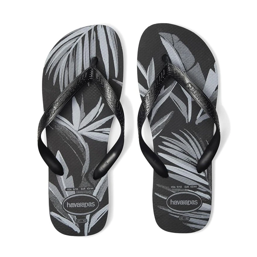 Black Tropical Leaf Print Flip-Flops