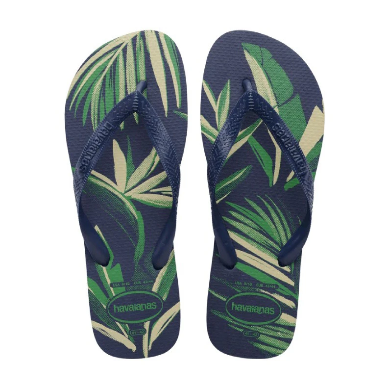 Navy & Green Tropical Leaf Print Flip-Flops