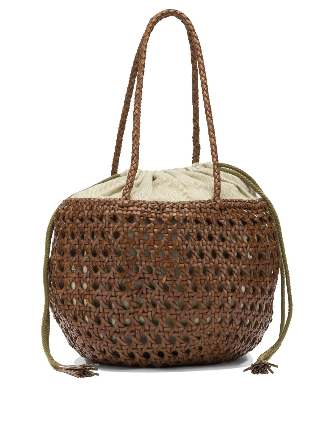 Woven Leather Bucket Bag with Canvas Inset