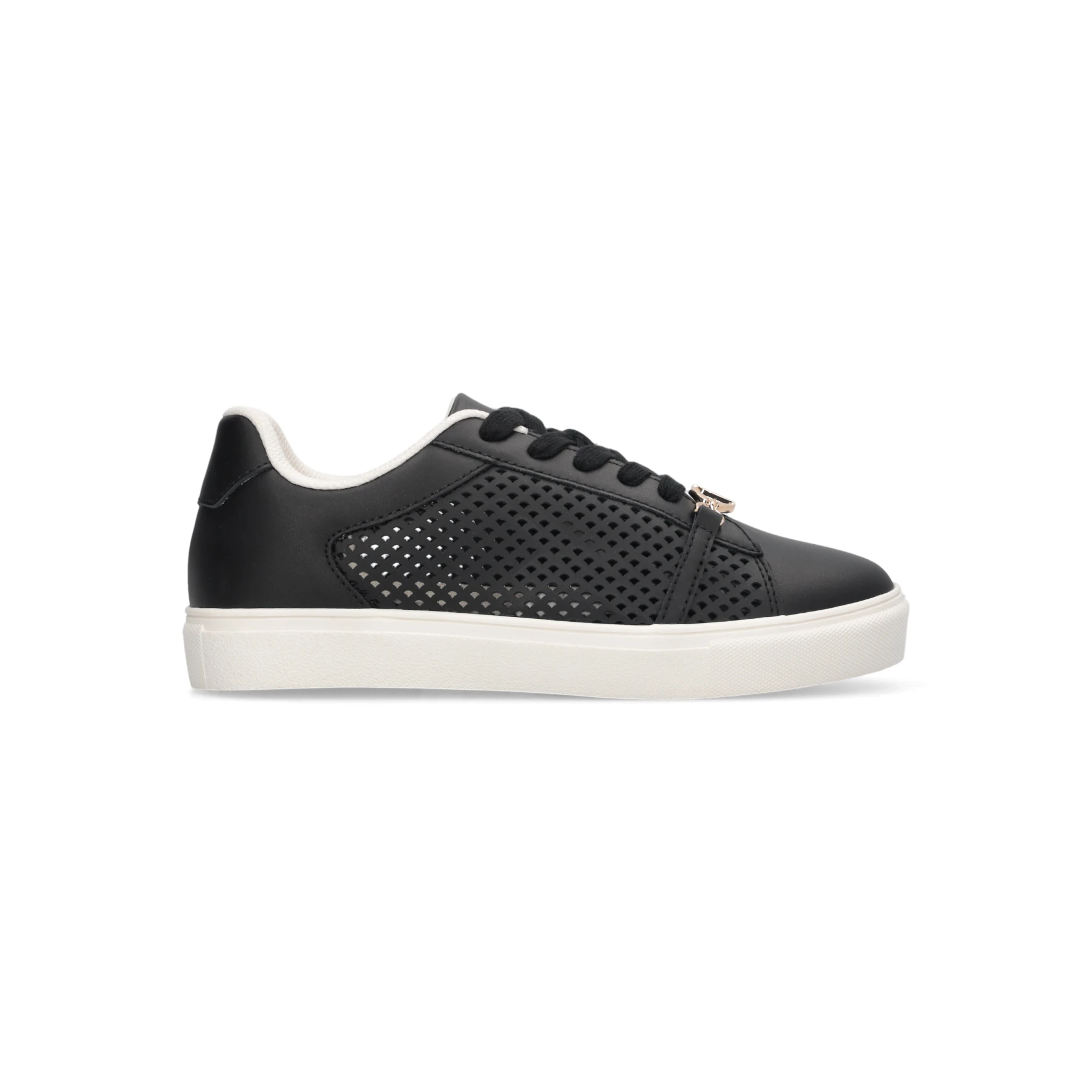 Perforated Leather Low-Top Sneakers with Gold Hardware and Contrast White Sole