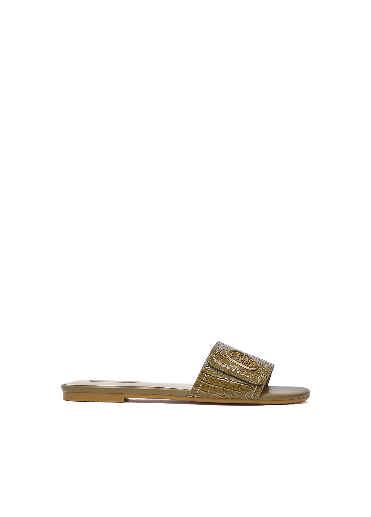 Croc-Embossed Leather Slide with Gold Hardware