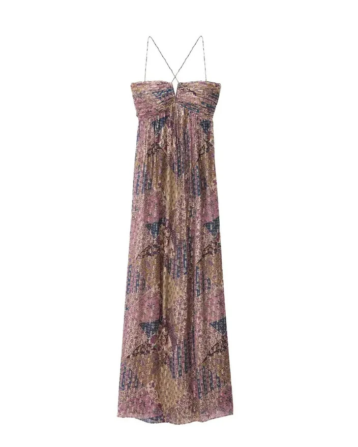 Bohemian Metallic Patchwork Maxi Dress with Ruched Bodice