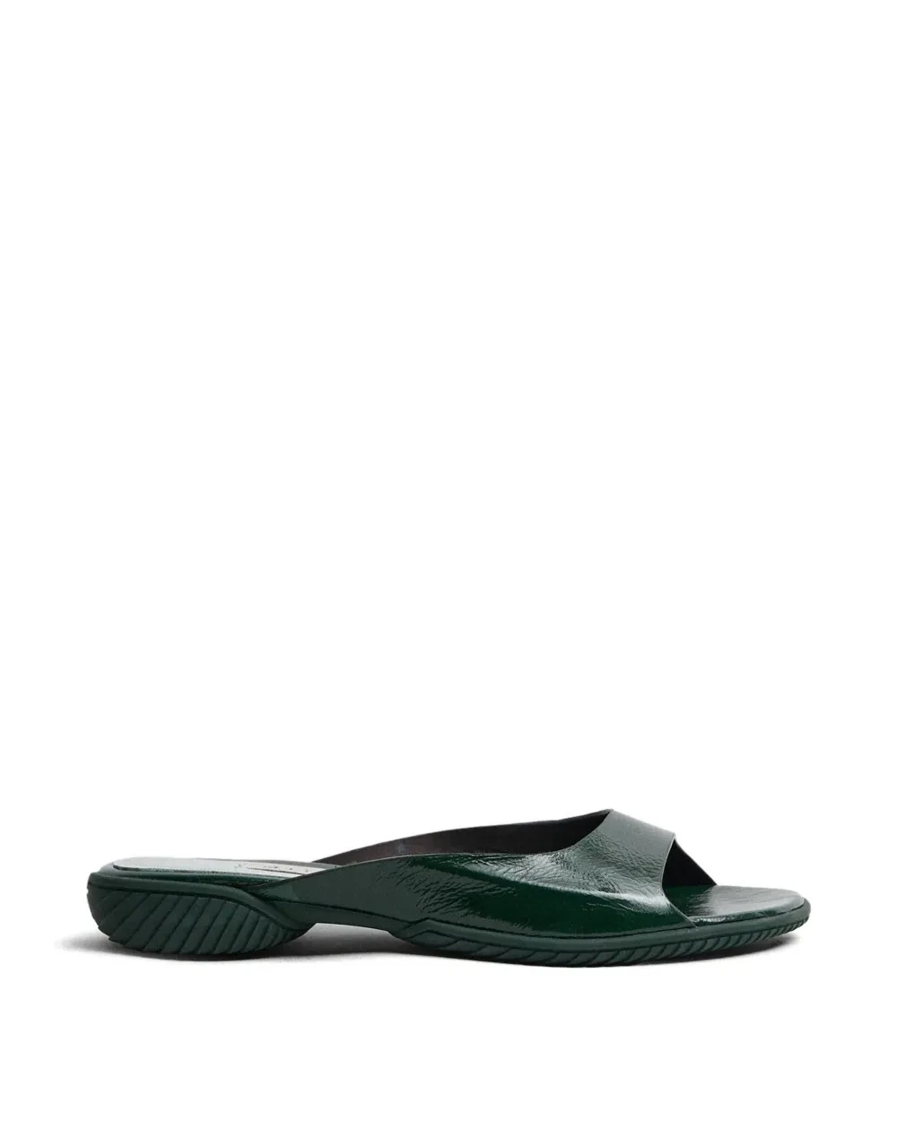 Green Leather Peep-Toe Flat Slide