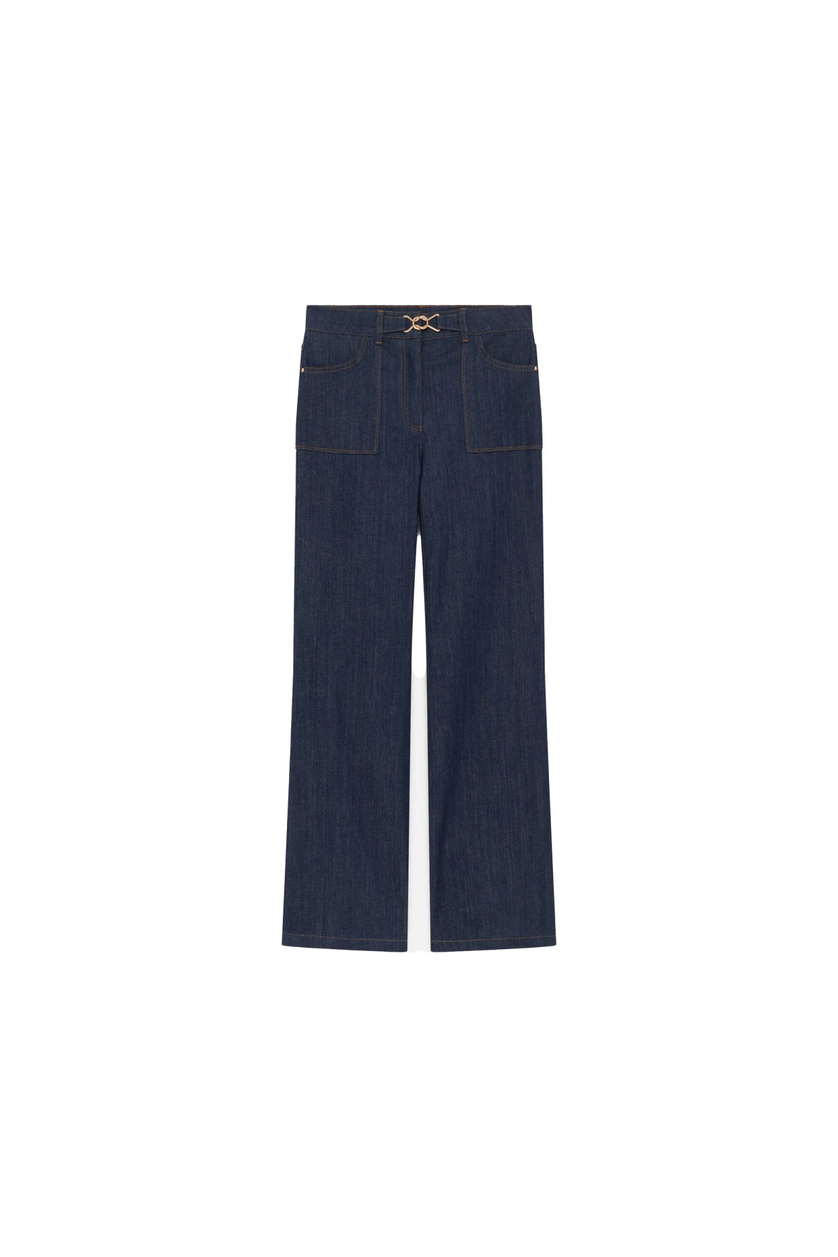 Dark Wash Wide-Leg Flare Jeans With Gold Buckle