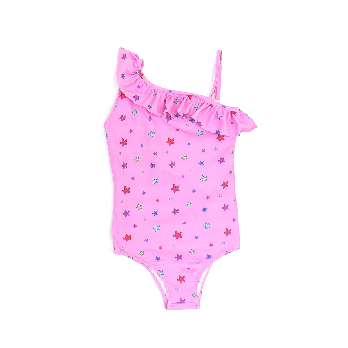 Kids Girls Pink Star Print Ruffle One Piece Swimsuit