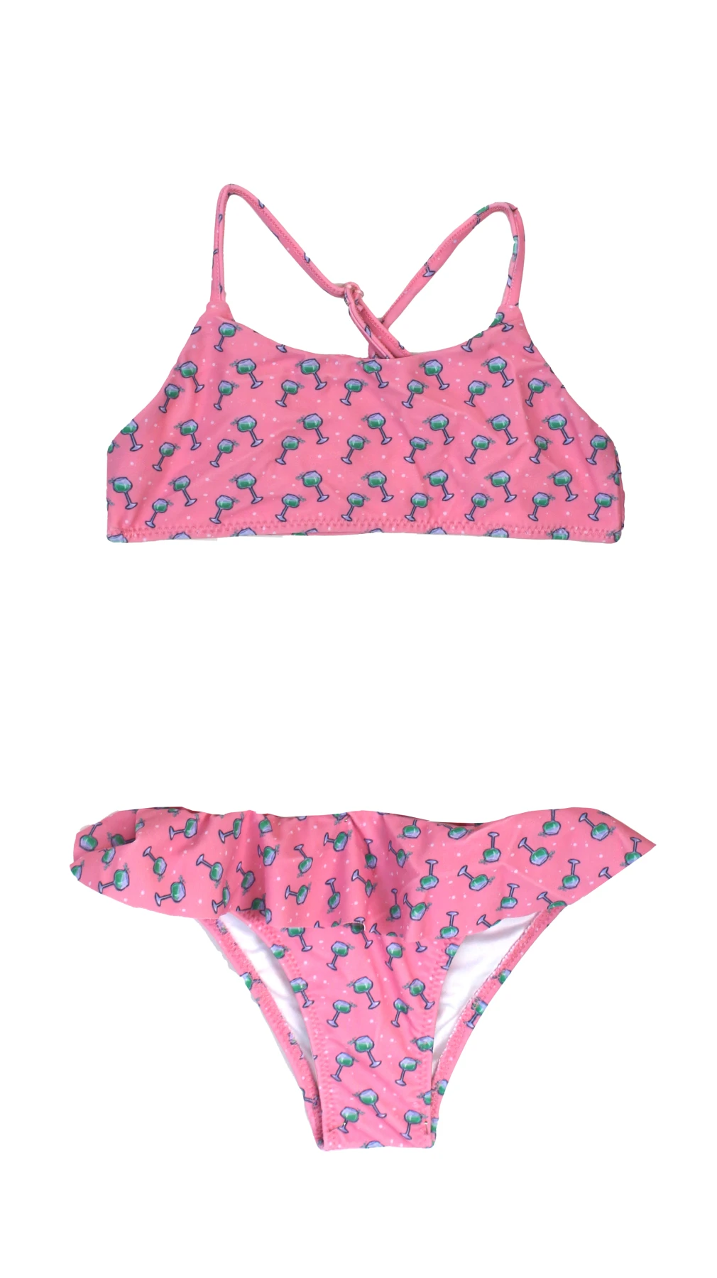 Kids Girls Pink Cocktail Glass Print Bikini Swimsuit