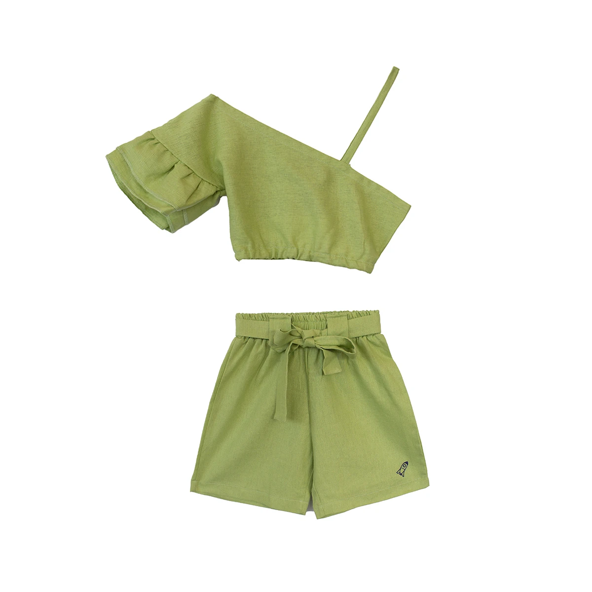 Kids Girls Pink Linen One Shoulder Shorts Set