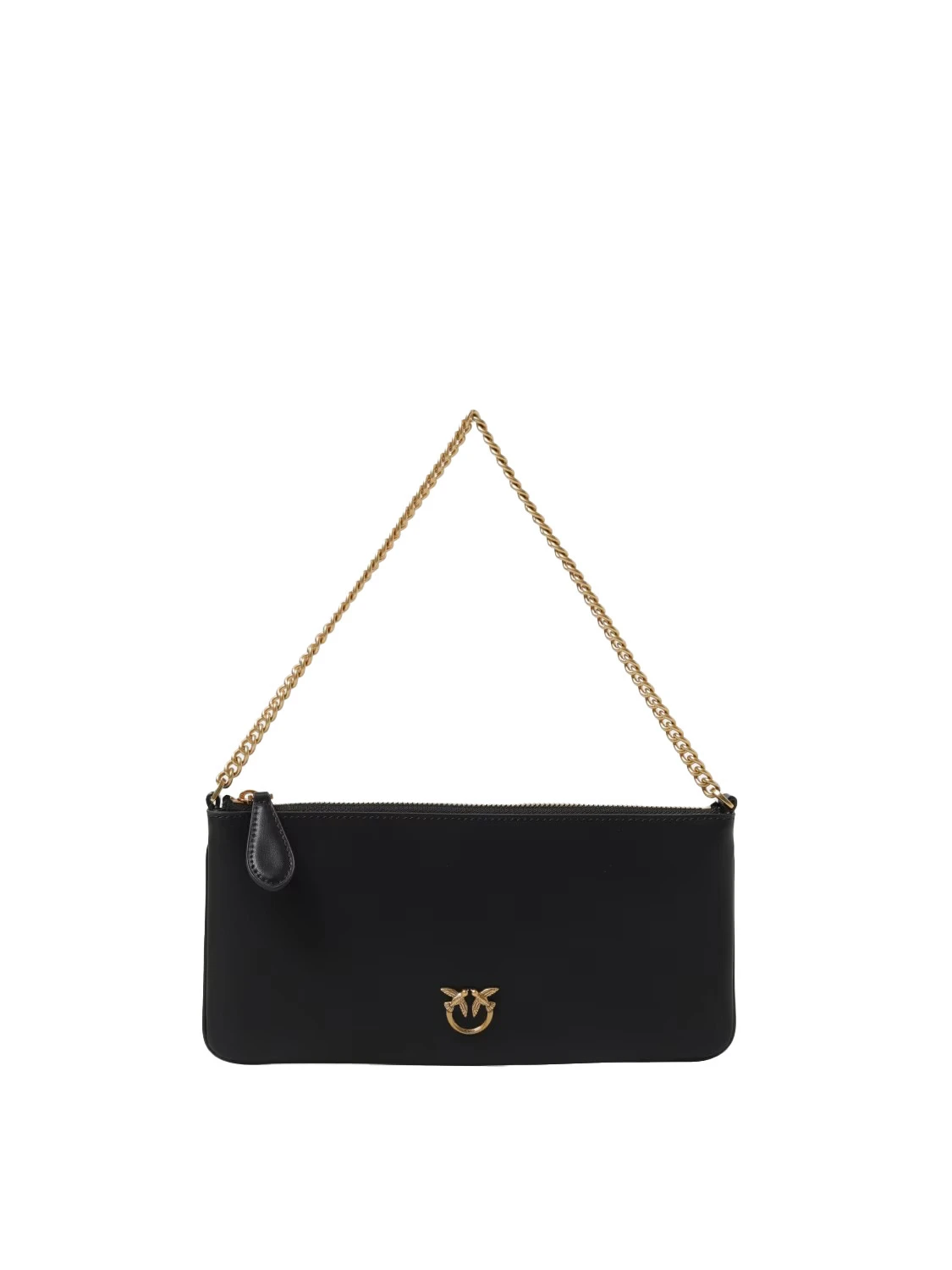 Smooth Leather Flat Clutch Pouch Baguette Gold Chain Strap Mini Love Birds Logo