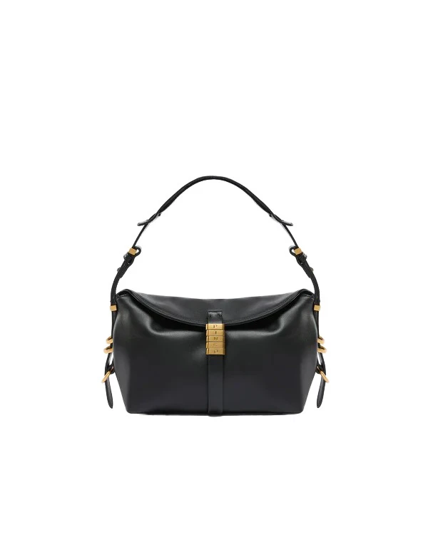Medium Leather Shoulder Bag with Gold-Tone Lock Clasp