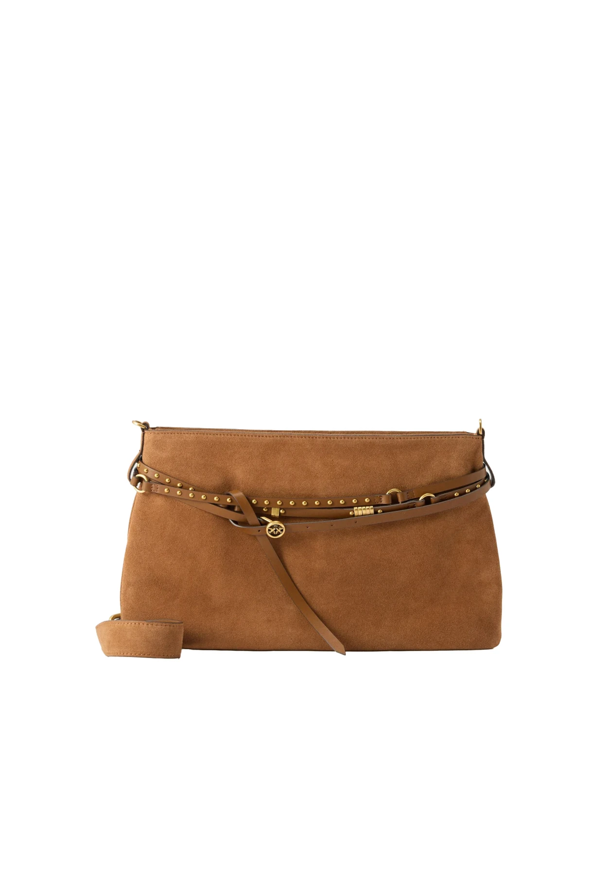 Suede Shoulder Bag with Studded Leather Trim and Gold-Tone Hardware