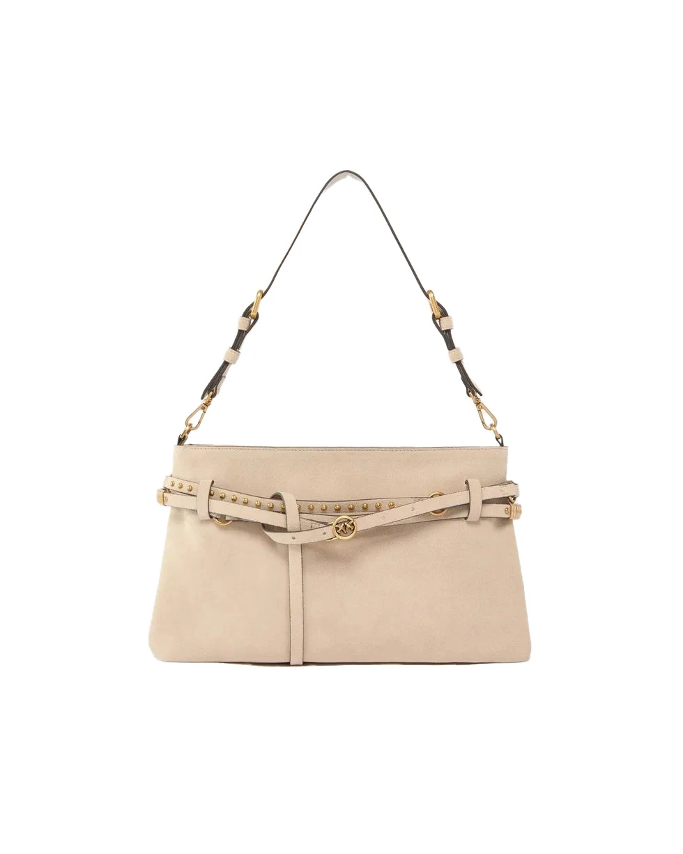 Suede Shoulder Bag with Studded Trim and Gold-Tone Hardware