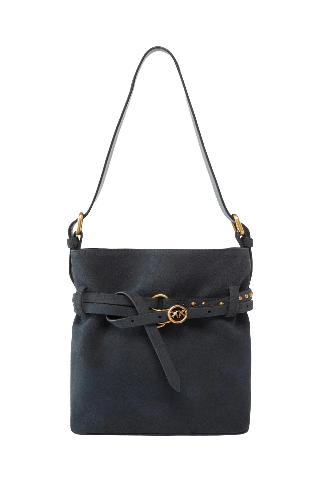 Suede Bucket Shoulder Bag with Studded Belt Detail