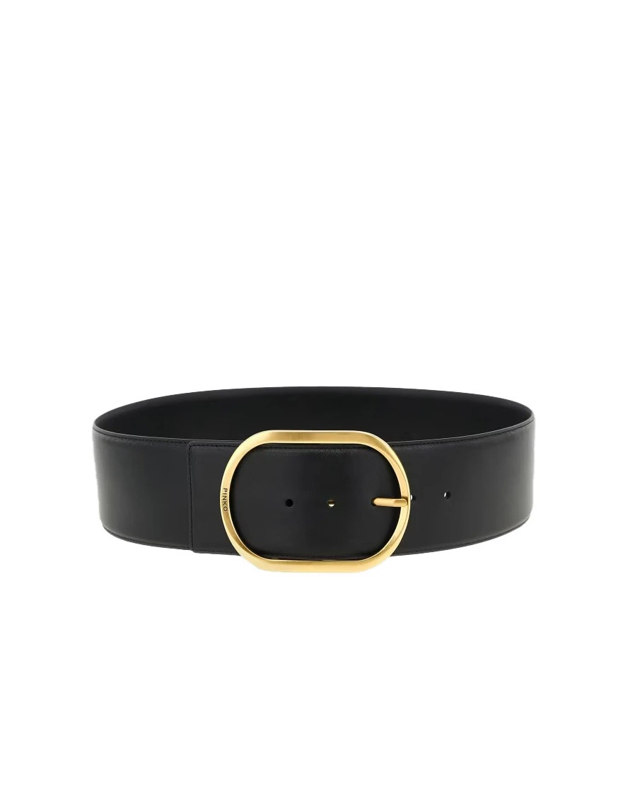 Wide Leather Belt with Oval Gold-Tone Buckle