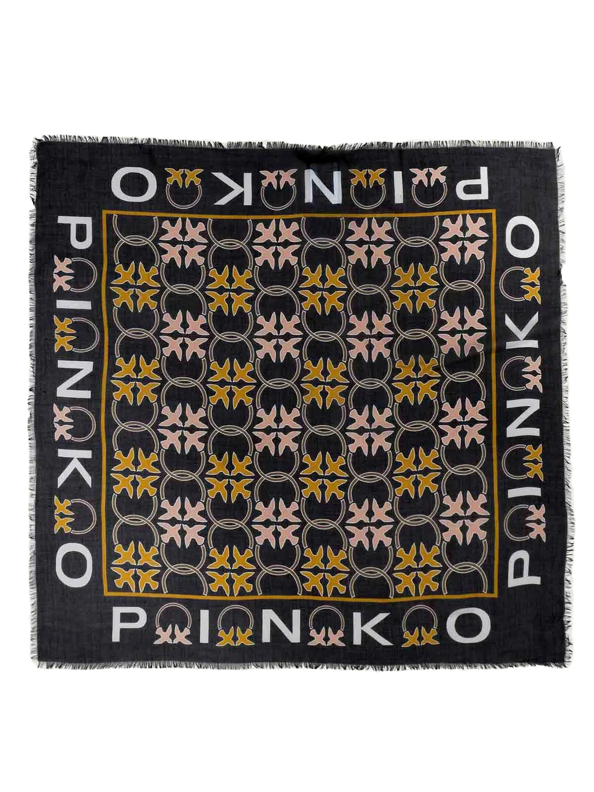 Square Scarf with Monogram Bird Pattern and Fringed Edges