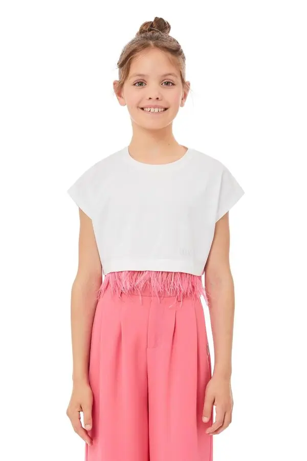 Cropped Short Sleeve T-shirt with Feathers