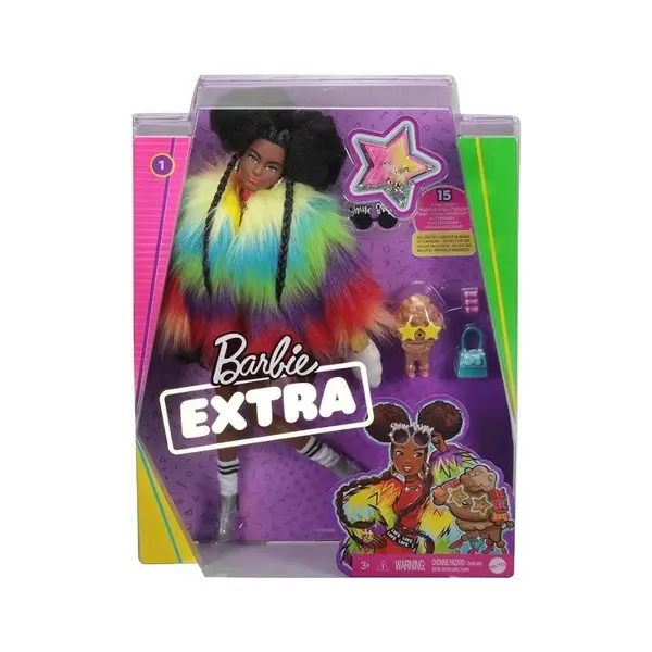 Barbie Extra Doll And Accessories with Afro-Puffs In Shaggy Rainbow Coat