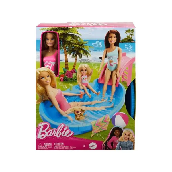 Barbie Doll and Pool Playset, Blonde with Pool, Slide, Towel and Drink Accessories