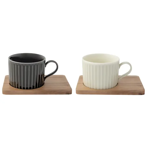  Set Of 2 - Porcelain Cups 250ml With Acacia Saucers In Gift Box 