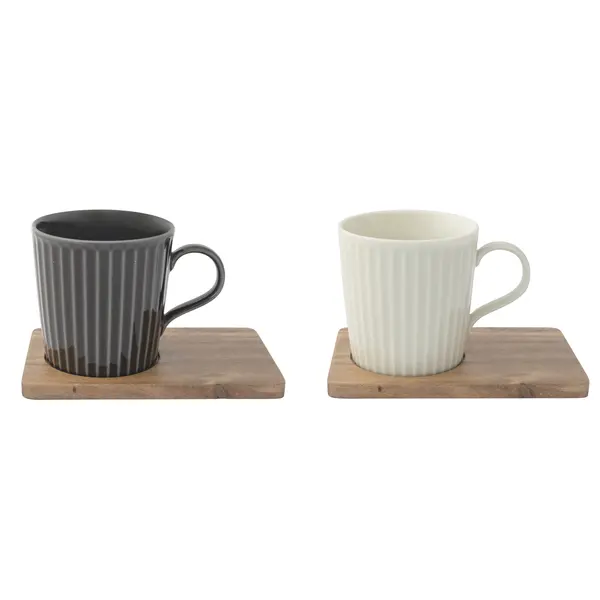  Set Of 2 - Porcelain Mugs 380ml With Acacia Saucers In Gift Box 