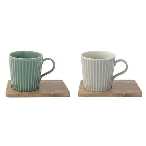  Set Of 2 - Porcelain Mugs 380ml With Acacia Saucers In Gift Box 