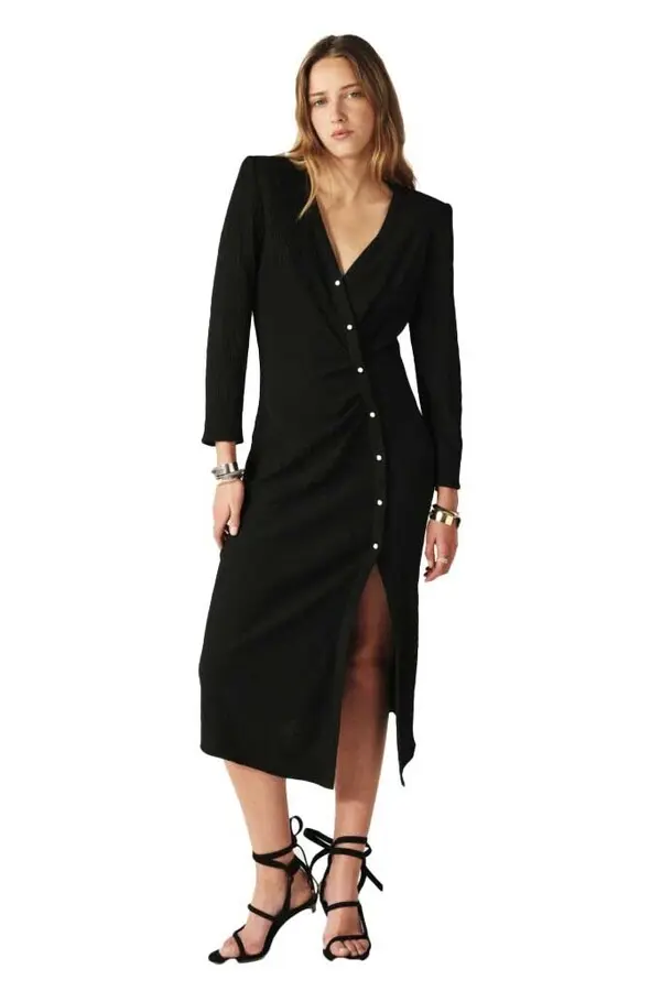V-Neck Midi Dress with Pearl Buttons