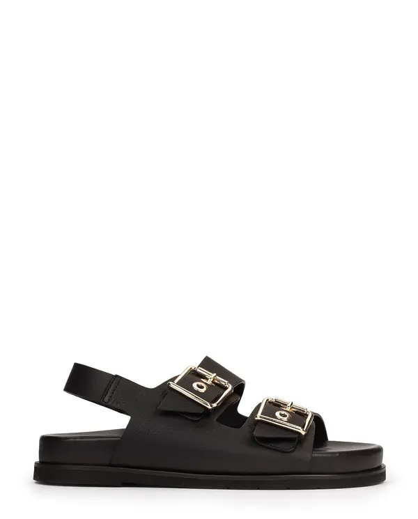 leather sandal with double gold metal buckle