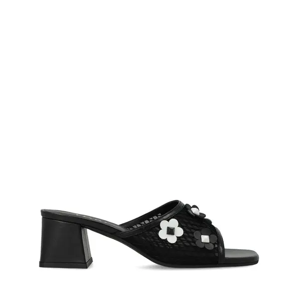 Woven Block Heel Mules with Floral Appliqués