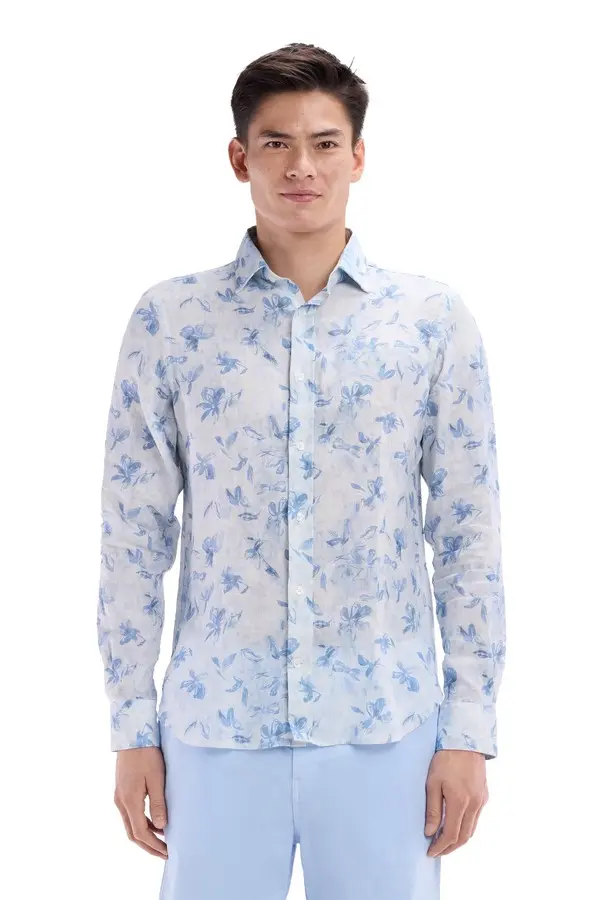 Slim-fit linen shirt with floral print