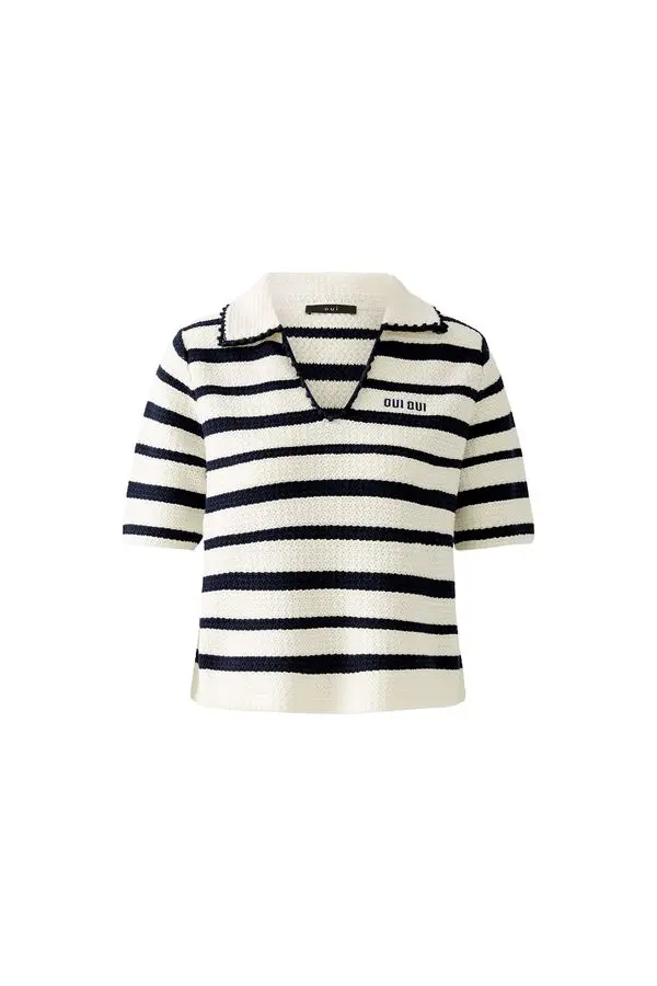 Crochet Detail Striped Polo Top