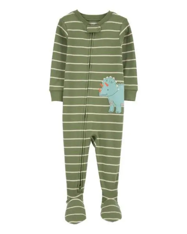 1-Piece Dinosaur Striped Thermal Footie Pajamas
