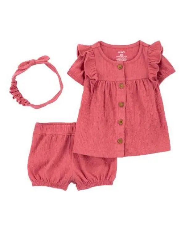 3-Piece Gauze Button-Front Top & Short Set