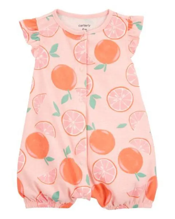 Orange Print Snap-Up Cotton Romper