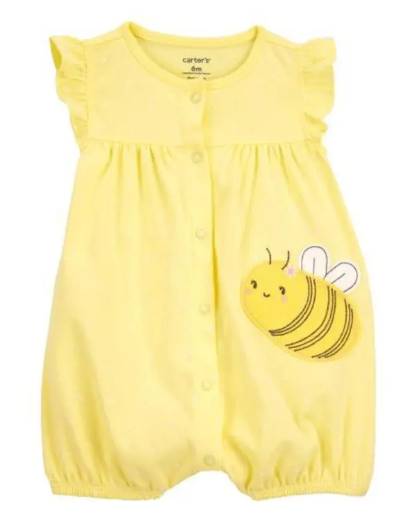 Yellow Bee Print Snap-Up Cotton Romper