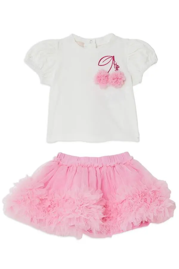 uff-Sleeve Top with Cherry Detail and Ruffled Tulle Skirt