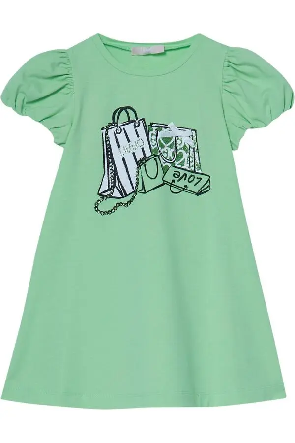 Puff-Sleeve Dress with Rhinestone Logo