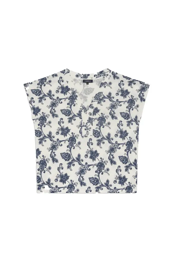 Short Sleeve V-Neck Top with Botanical Design