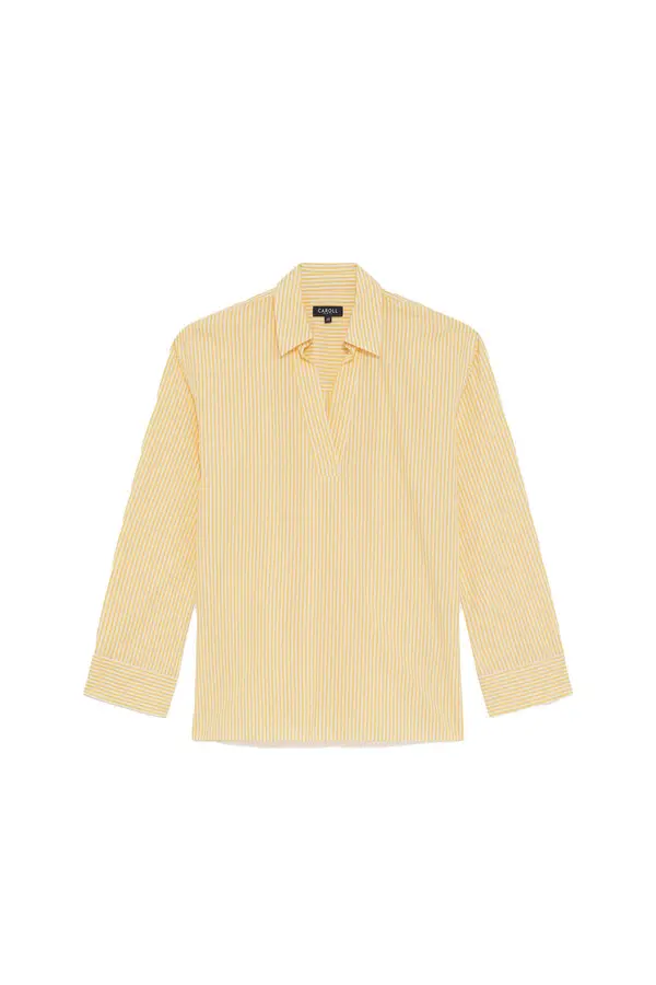 Striped Cotton Long Sleeve Collarless Shirt