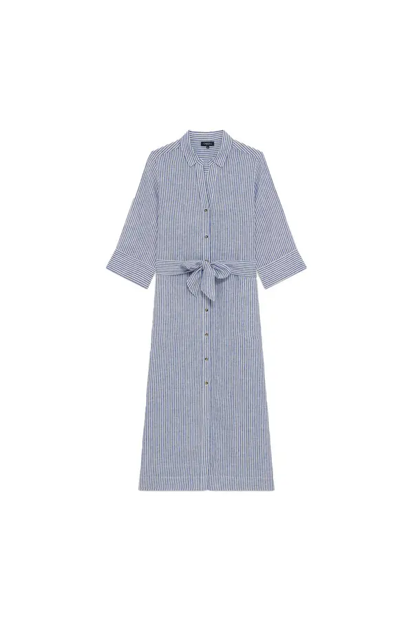Three-Quarter Sleeve Striped Button-Down Dress