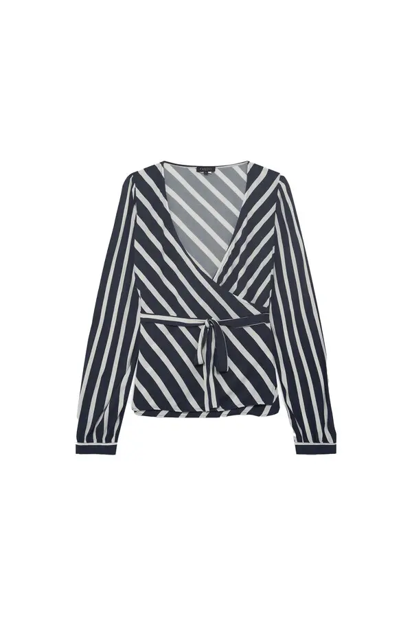 Striped Wrap Blouse with Tie Waist
