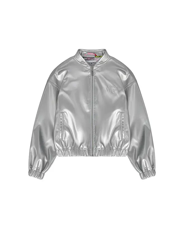  Shiny Cropped Bomber Jacket with Metal Zip