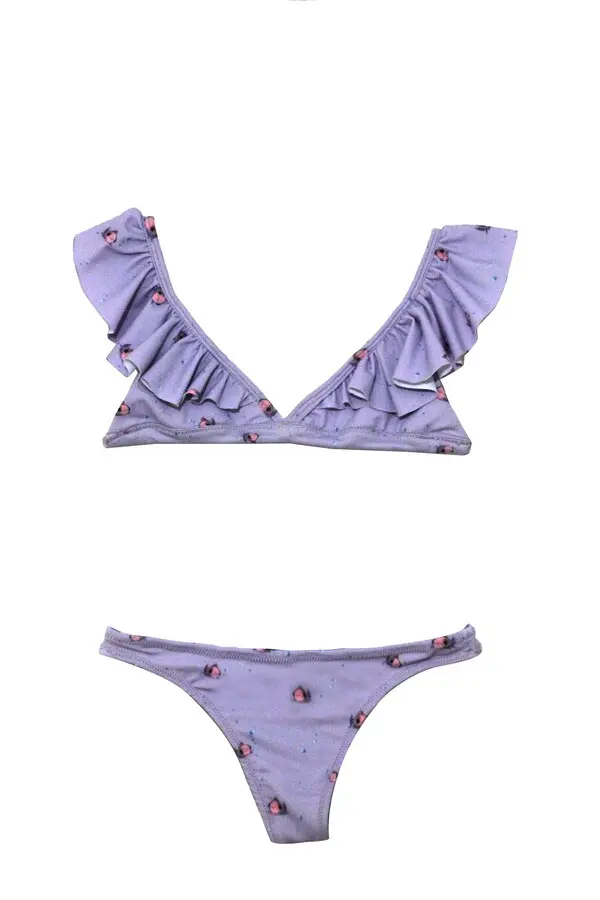 Two-Piece Swimsuit with Ruffles and Small Pattern