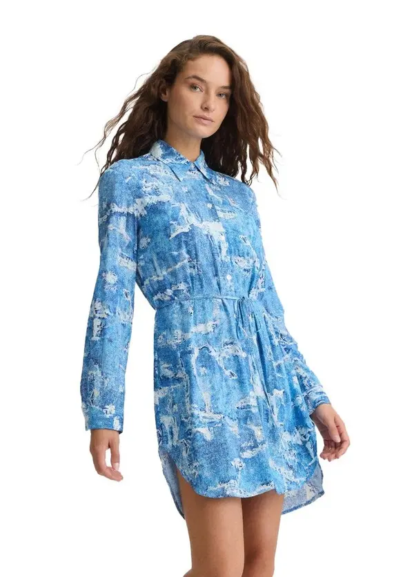 All-over denim print Viscose midi shirt dress
